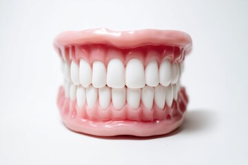 Obraz premium Model of realistic dental prosthetics showcasing a complete set of teeth with gums against a plain white background