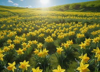 Obraz premium A carpet of cheerful yellow daffodils blankets a lush green field, bathed in sunlight against a clear blue sky , growth, stock photo