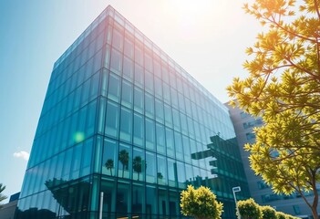 Modern glass building, Silicon Valley campus, sunny day,  corporate,   sunny