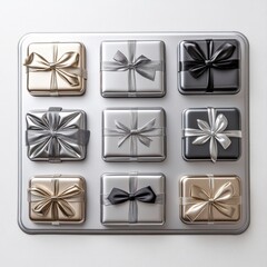 Nine Metallic Gift Boxes with Varied Ribbons on Gray Background
