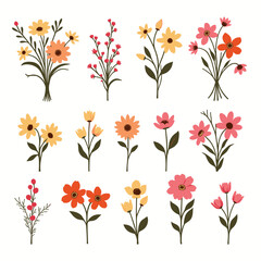 Set of pink and orange flowers elements