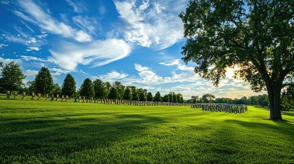 Obraz premium Wide-angle view of a national cemetery decorated for Memorial Day