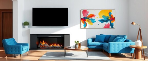 Modern living room, blue couch, fireplace, white wall, abstract painting, relaxing, apartment