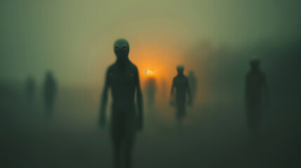 Mysterious humanoid alien figures emerge from dense green fog as an eerie orange light glows behind them in a sci-fi scene.