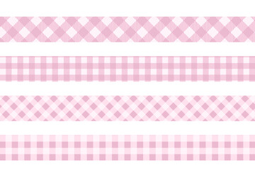 Tapes with pink gingham pattern. Borders with girly coquette print. Ribbons for baby girl gifts or headbands. Cotton, linen or flannel bands isolated on white background. Vector flat illustration.