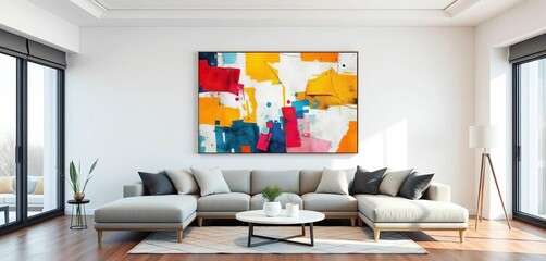 Modern minimalist living room, geometric abstract painting focal point,  shapes,  canvas art