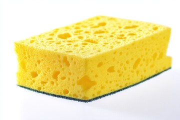 Yellow kitchen sponge with dark green backing used for cleaning dishes, lying flat on a white background