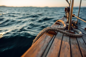 Naklejka premium Sailing on calm waters during sunset with a focus on the wooden boat and rope details