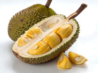 Obraz premium Fresh Durian Fruit Cut Open to Reveal Yellow Fleshy Segments - Exotic Southeast Asian Delicacy