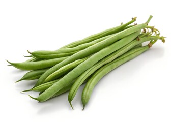 Fototapeta premium Fresh Green Beans Laid Out on White Surface - Crisp and Nutritious Vegetable