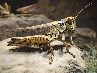 Fototapeta premium A large grasshopper with textured body on a rock with others in the background in neutral colors