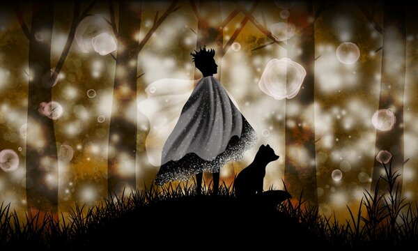 Little boy with magical cape and crown on his head. Silhouette art