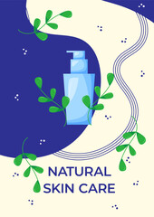 Flyer design with skincare products organic cosmetics, beauty products. For beauty, spa, wellness, natural products, cosmetics, body care. Vector illustration for poster, banner, advertising, flyer.