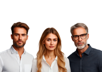 Three young businessmen standing on a transparent background