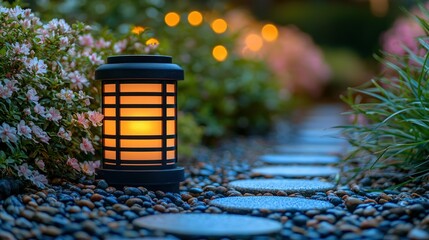 Lit lantern by stone path in a colorful garden