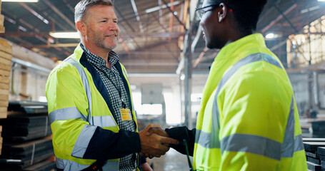 People, engineer and handshake for carpentry at workshop for partnership, agreement and...