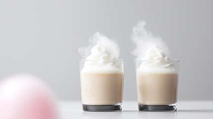 Two glasses of steaming beverage with whipped cream.