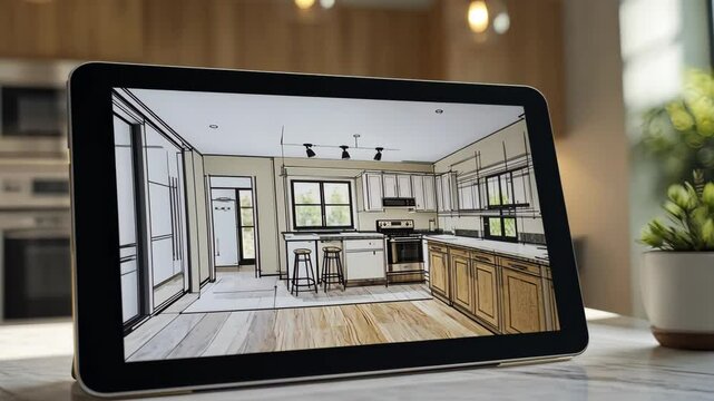 A clean workspace with a tablet displaying a home remodeling plan. digital