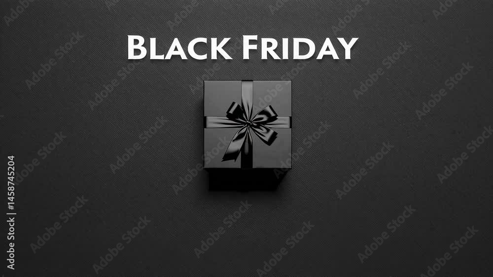 Poster minimalist black friday composition showing a black gift box with black ribbon on a black background