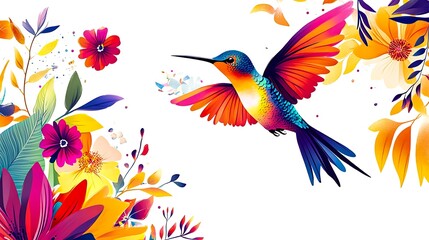 Vibrant Hummingbird Soaring Amidst Colorful Flowers and Leaves