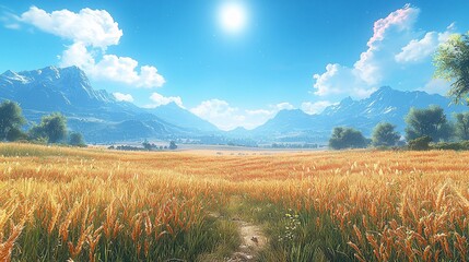 Obraz premium Golden wheat field, mountains, sunny day