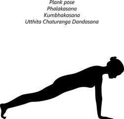 Silhouette of woman practicing Phalakasana yoga pose. Plank yoga pose. Kumbhakasana pose. Intermediate Difficulty. Isolated vector illustration