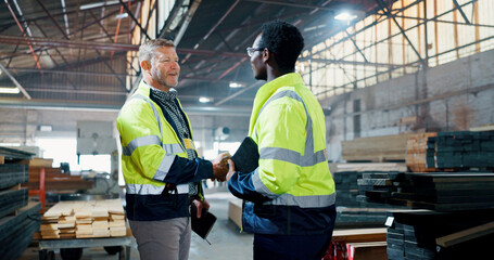 Men, engineer and handshake for carpentry at workshop for partnership, agreement and construction...