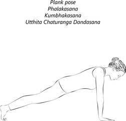 Sketch of young woman practicing Phalakasana yoga pose. Plank yoga pose. Kumbhakasana pose. Intermediate Difficulty. Isolated vector illustration.