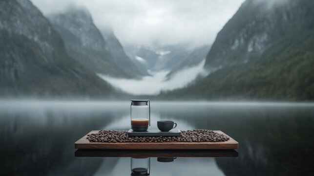 Misty lake coffee maker mountain view
