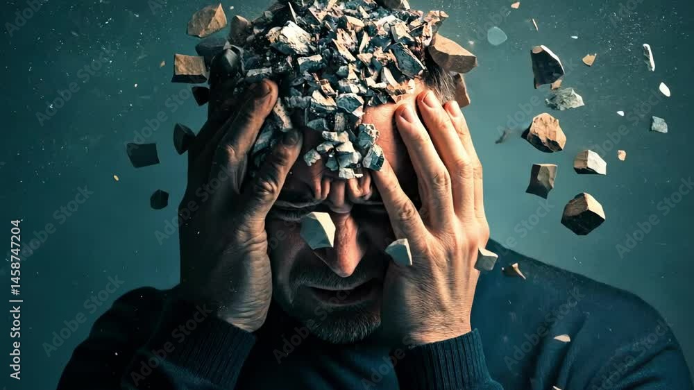 Aufkleber Mental health issues are represented by rocks crumbling and exploding from a man's head while he holds his head in his hands and experiences emotional pain