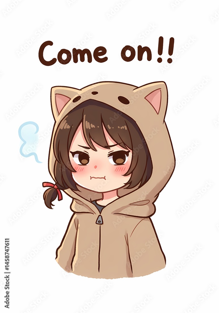 Poster expressive chibi character in an animal-themed hoodie with a humorous 'come on' caption adding a tou