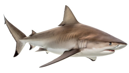 Fototapeta premium A fierce-looking shark swimming with its mouth slightly open, displaying sharp teeth against a white background. Perfect for marine life themes