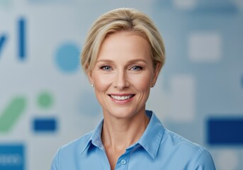 Fototapeta premium Portrait of a blonde woman in a blue shirt smiling confidently against an abstract background design