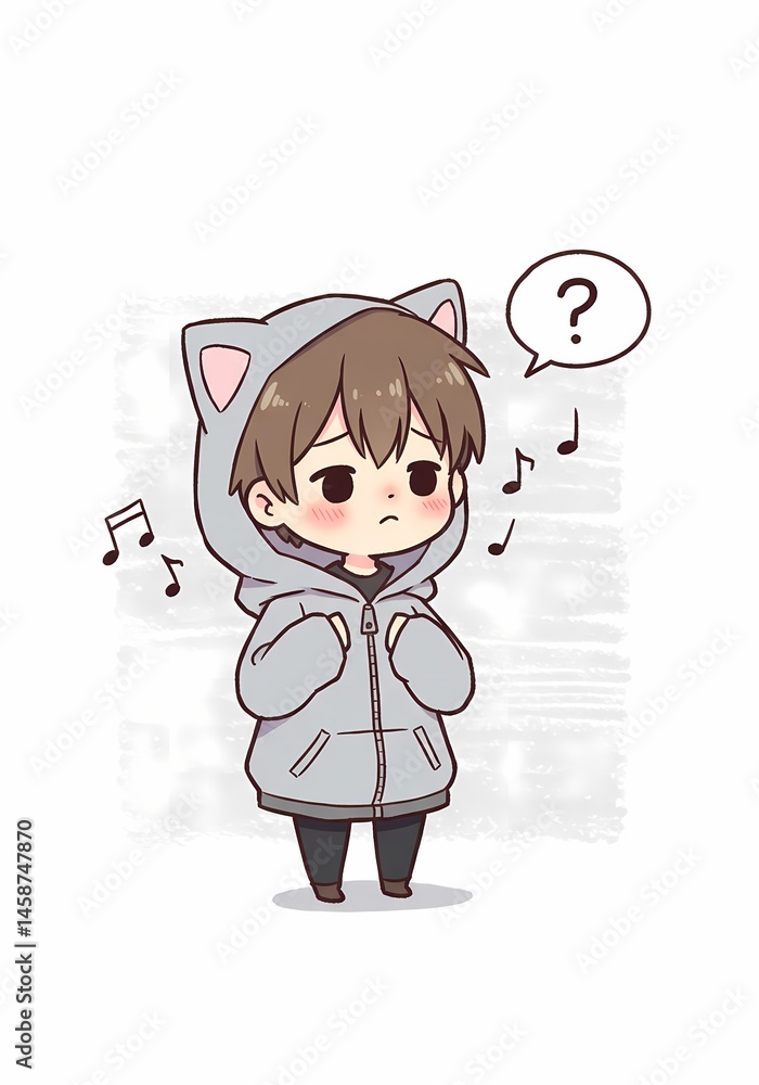 Poster whimsical cartoon character in hoodie with question mark and music notes expressing confusion and cu