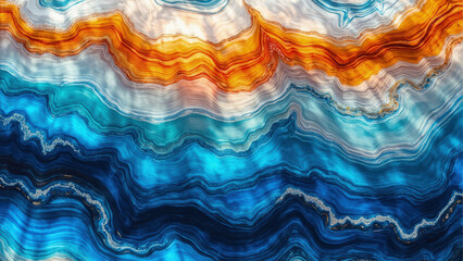 Abstract agate stone texture depicting warm hues merging into a cool blue color palette with subtle glitter