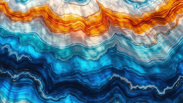 Abstract agate stone texture depicting warm hues merging into a cool blue color palette with subtle glitter