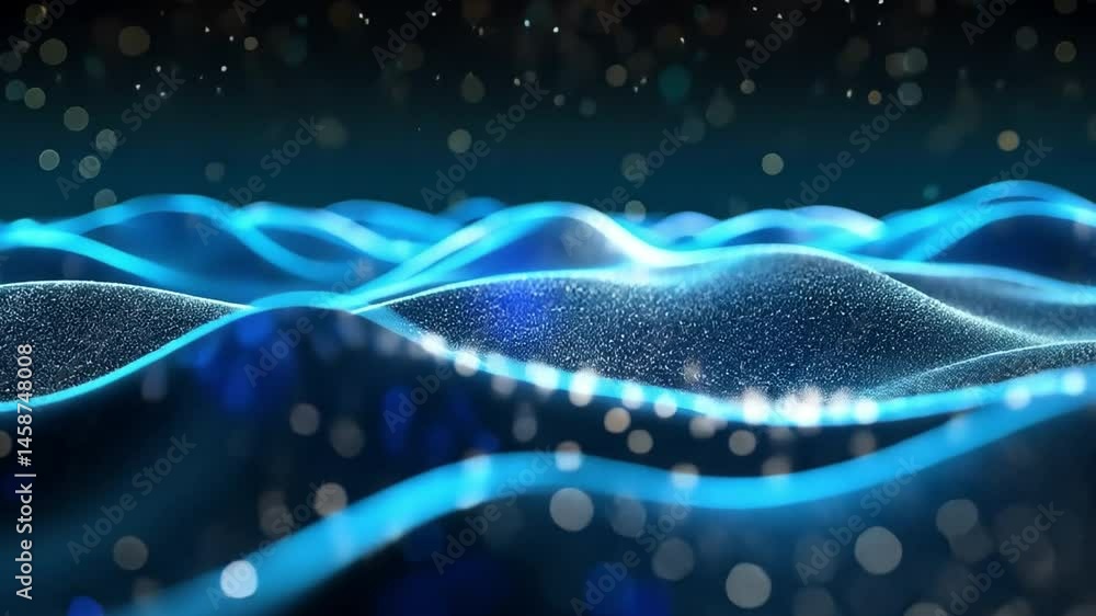 Poster abstract digital waves with glowing blue lines create mesmerizing visual effect, evoking tranquility