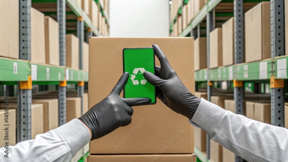 Poster hands in gloves hold a smartphone displaying a recycling symbol, set against a backdrop of stacked c