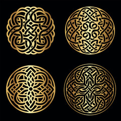 Celtic Style Round Golden Ornaments Vector Set on Black Background Collection for Luxury Design Projects Packaging Logos and Branding