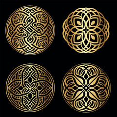 Celtic Style Round Golden Ornaments Vector Set on Black Background Collection for Luxury Design Projects Packaging Logos and Branding