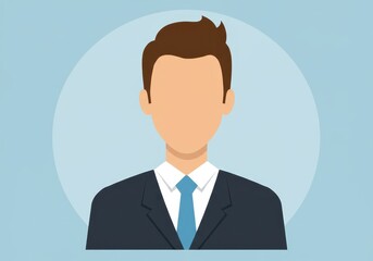 Illustration of a faceless man in a suit with a blue tie on a light blue circular background