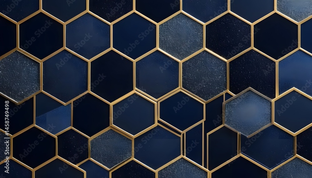 Poster a close up shot of a pattern of dark blue and textured hexagons with gold trim creating a mosaic des