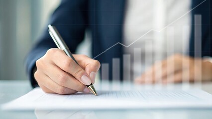 A hand writes on a document with a rising graph overlay, symbolizing business growth and progress.
