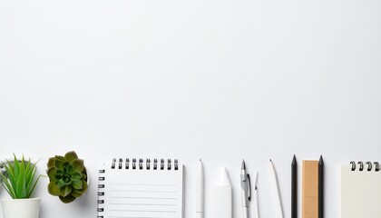 White background with various stationary items arranged as a border along the bottom, creating a clean and minimalistic workspace theme.	
