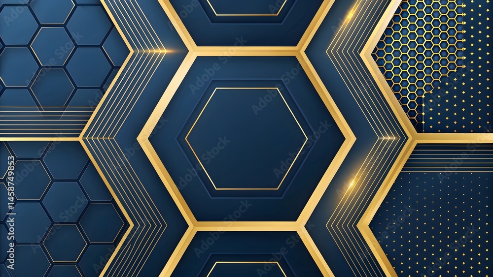 Poster a navy blue background with gold hexagon outlines and geometric patterns creating a modern design