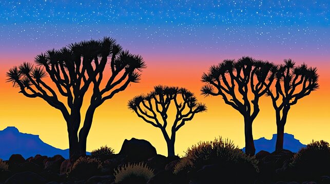 Silhouette of quiver trees at sunset under a starry sky.