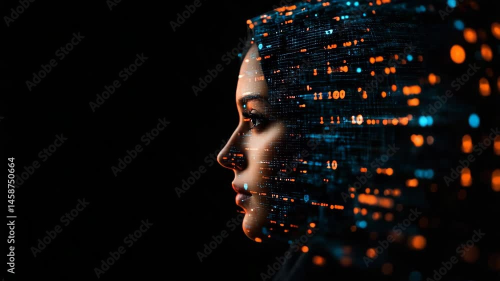 Poster a woman's side profile merges with digital code, symbolizing the integration of technology and human