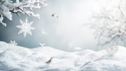 Winter wonderland scenic snowy landscape with paper snowflakes and a small bird under a beautiful sky