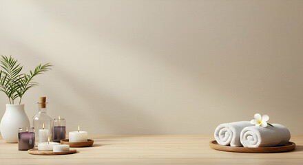 Tranquil Spa Setup with Towels, Candles, and Natural Decor