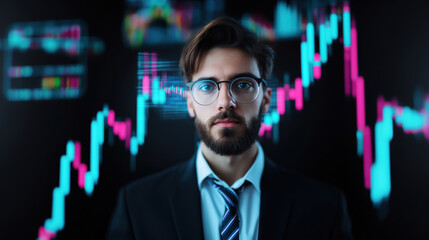Confident businessman in glasses standing in front of stock market charts with glowing data and trading graphs behind him.